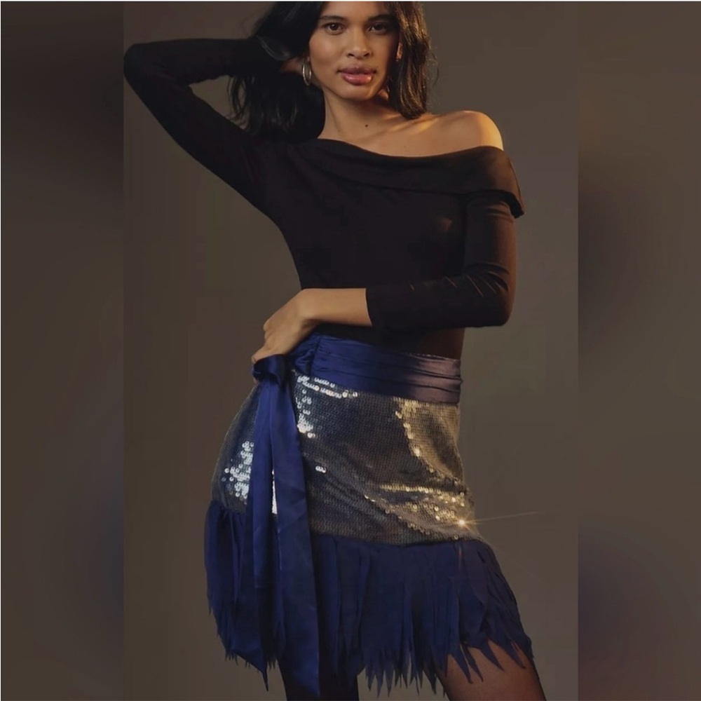 Anthropologie Maeve Blue Sequin Fringe Mini Skirt with Satin Waist Tie NWT!!